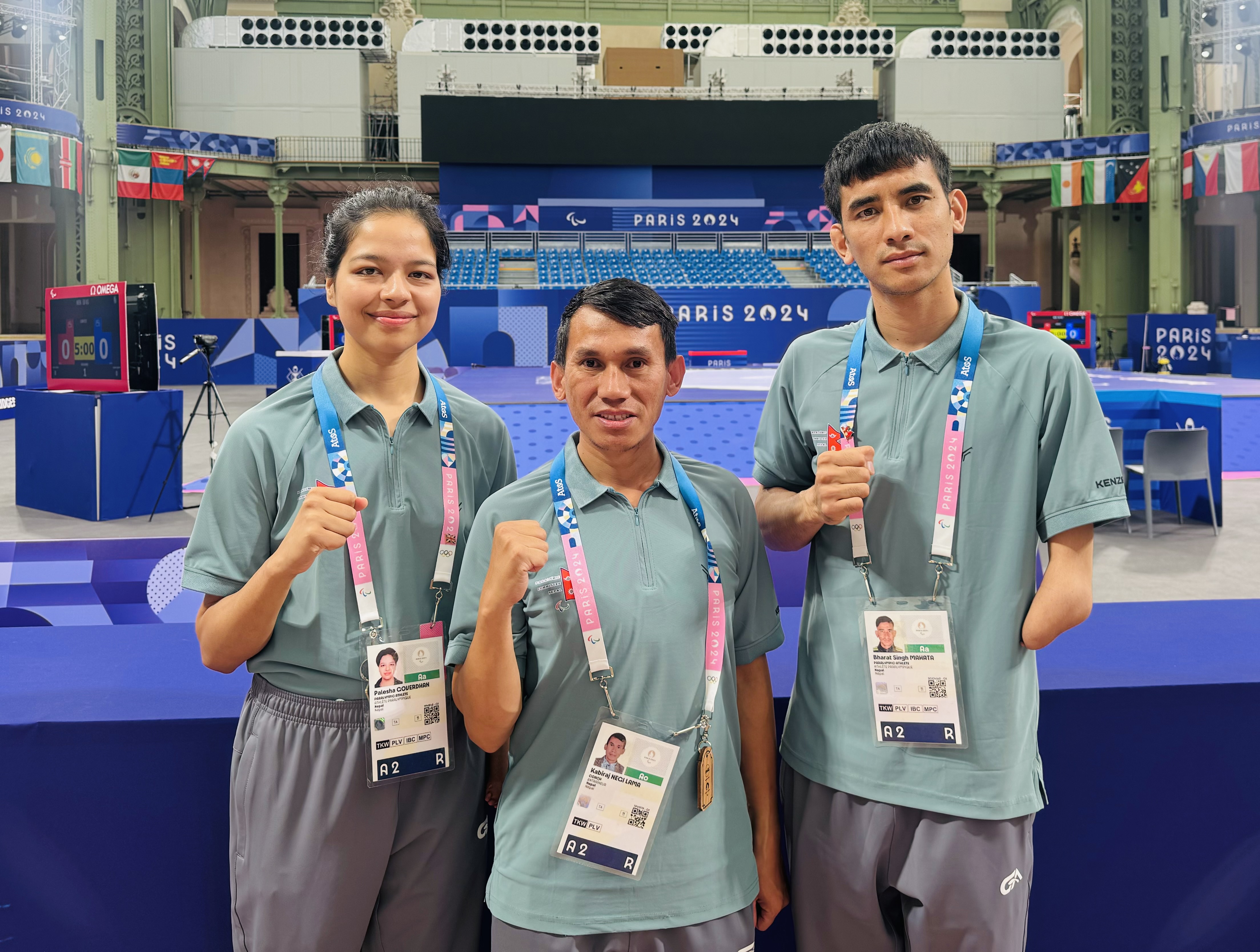 Nepal team Player Palesha Goverdhan, Bharat Singh Mahata and Coach Kabiraj Negi Lama in Grand Palais Paris for Paris 2024 Paralympics